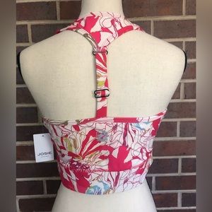 NWT JOSIE NATORI SOLSTICE T-BACK CROP TOP Size S Pink Poppy Trellis Wave